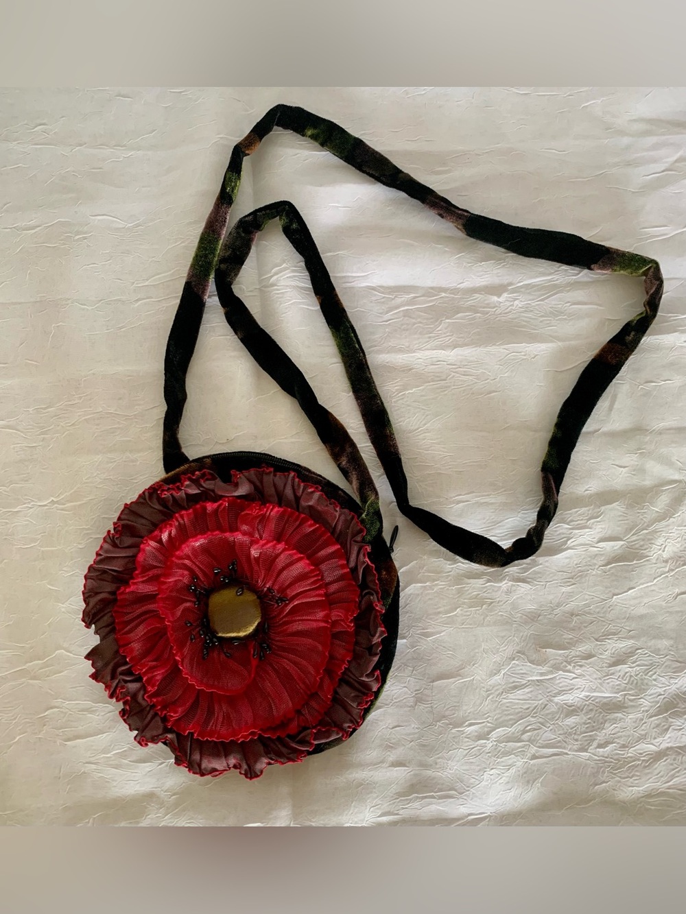 Silk red poppy flower,Crossbody Bag with Velvet Strap and backside